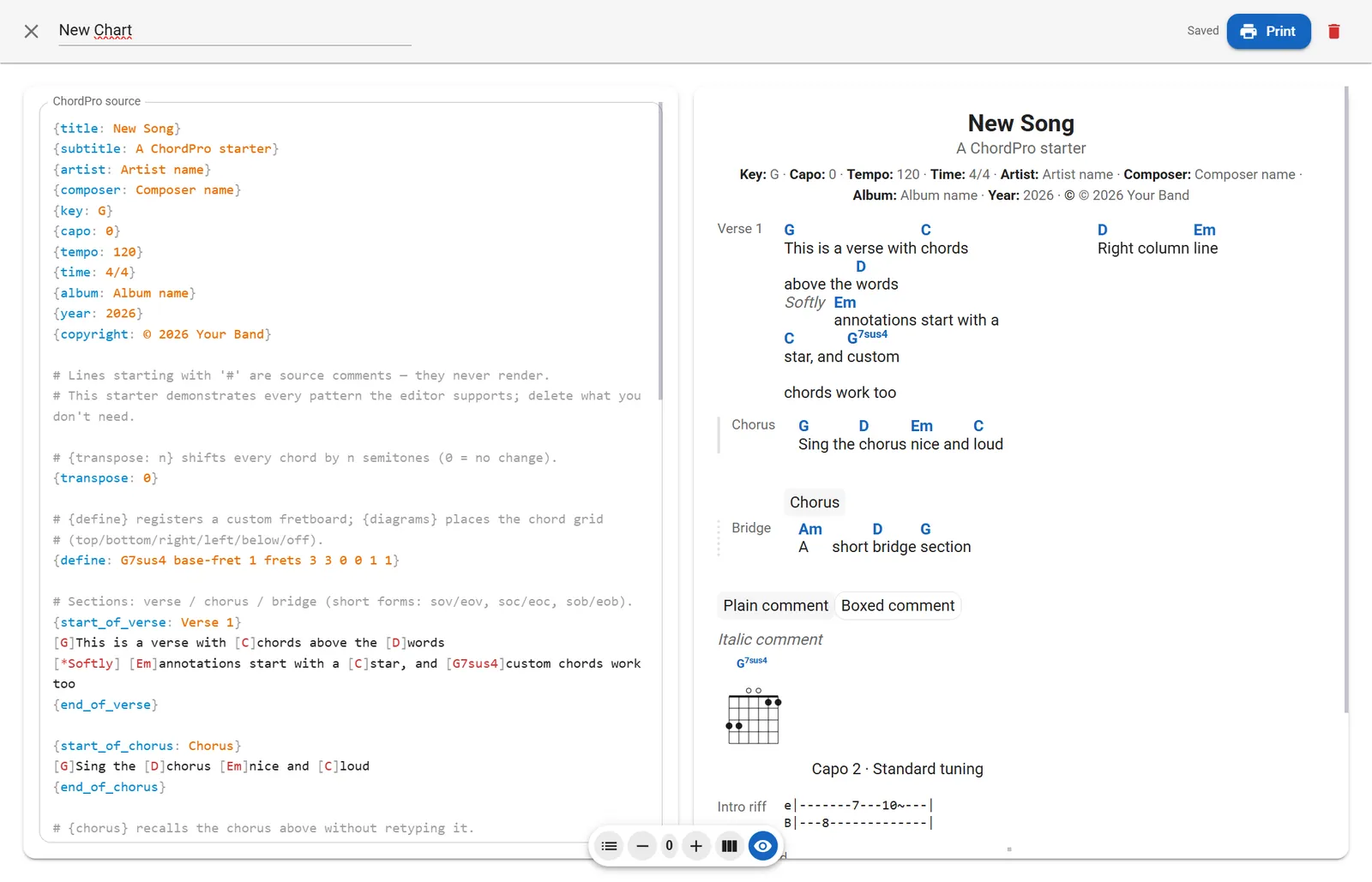 The ChordPro editor in GigJack: the source on the left with directives, values, chords and comments in colour, and the rendered chart on the right