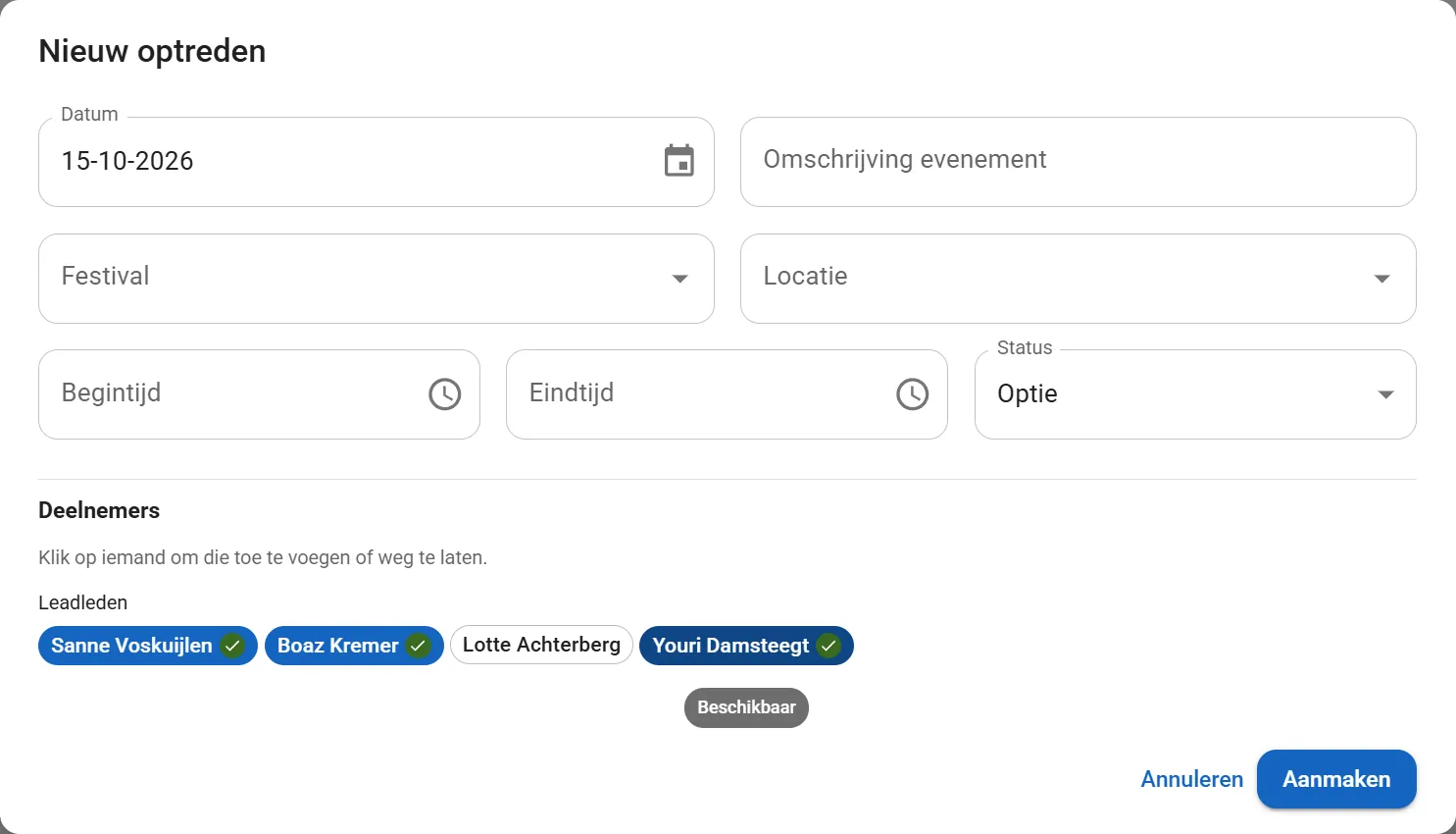 The new gig form with the Participants section: three lead members selected with a green availability mark, one left out