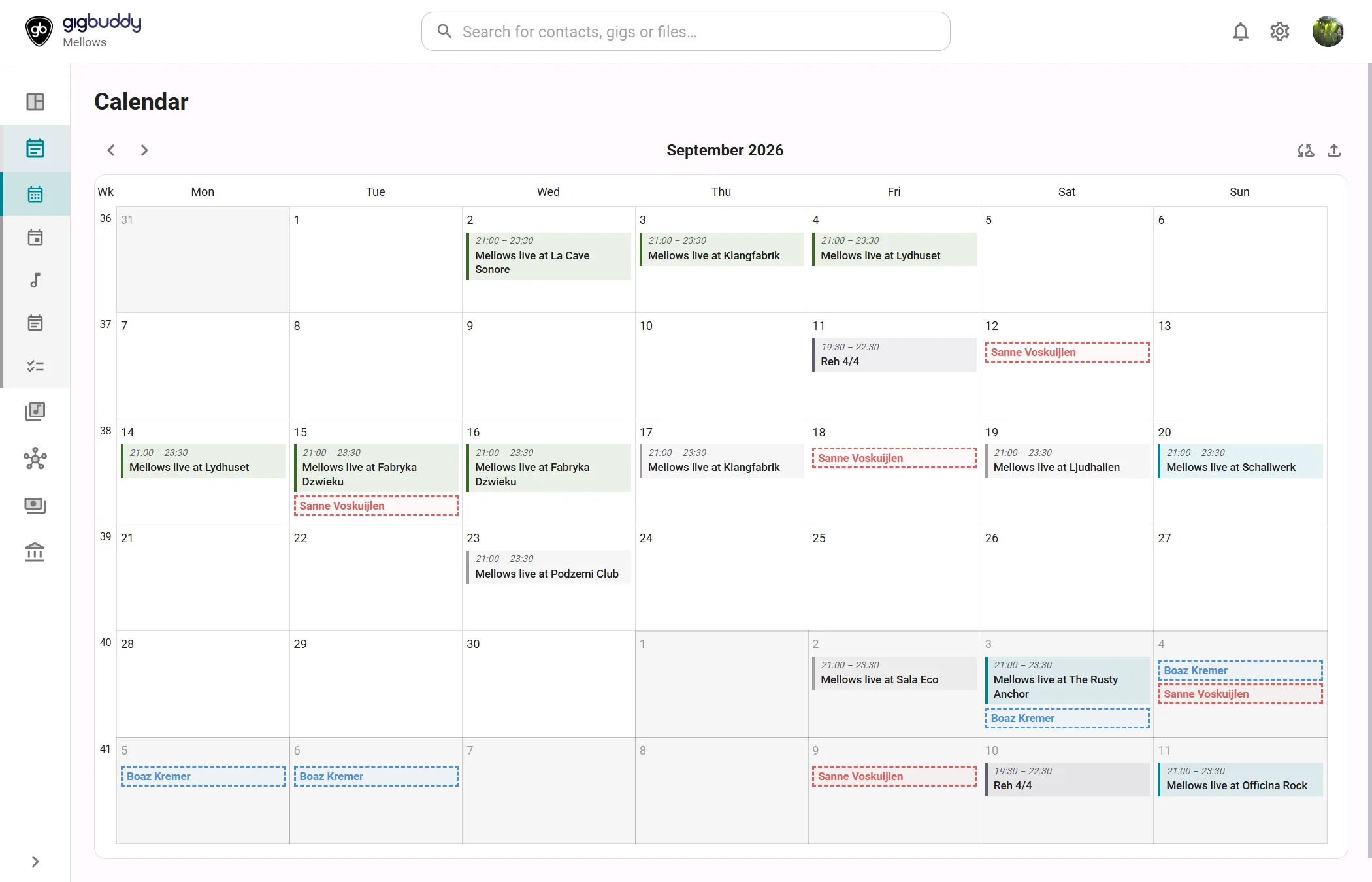 The monthly band calendar with events and member availability.