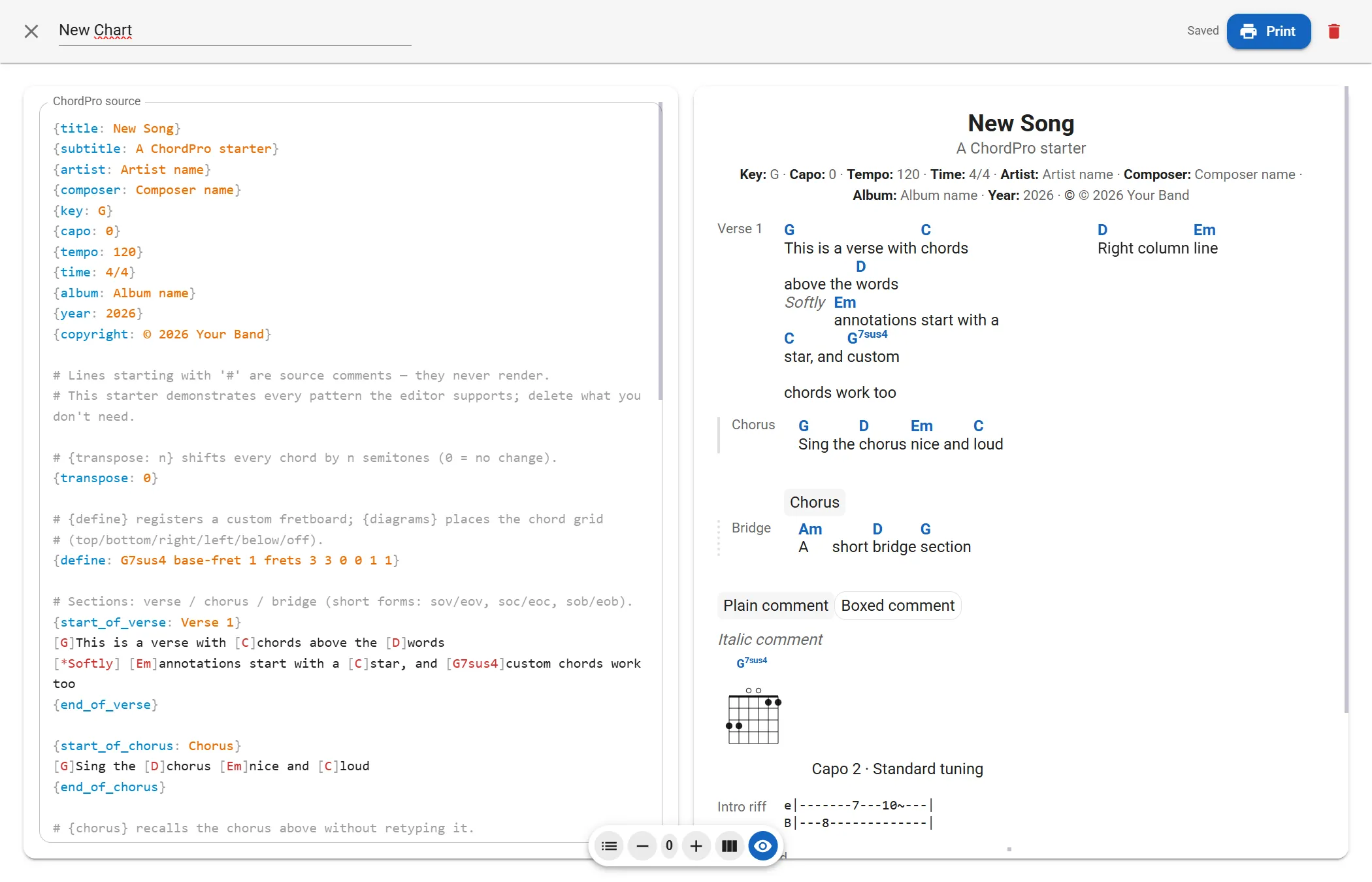 ChordPro source editor beside the rendered chart in GigJack