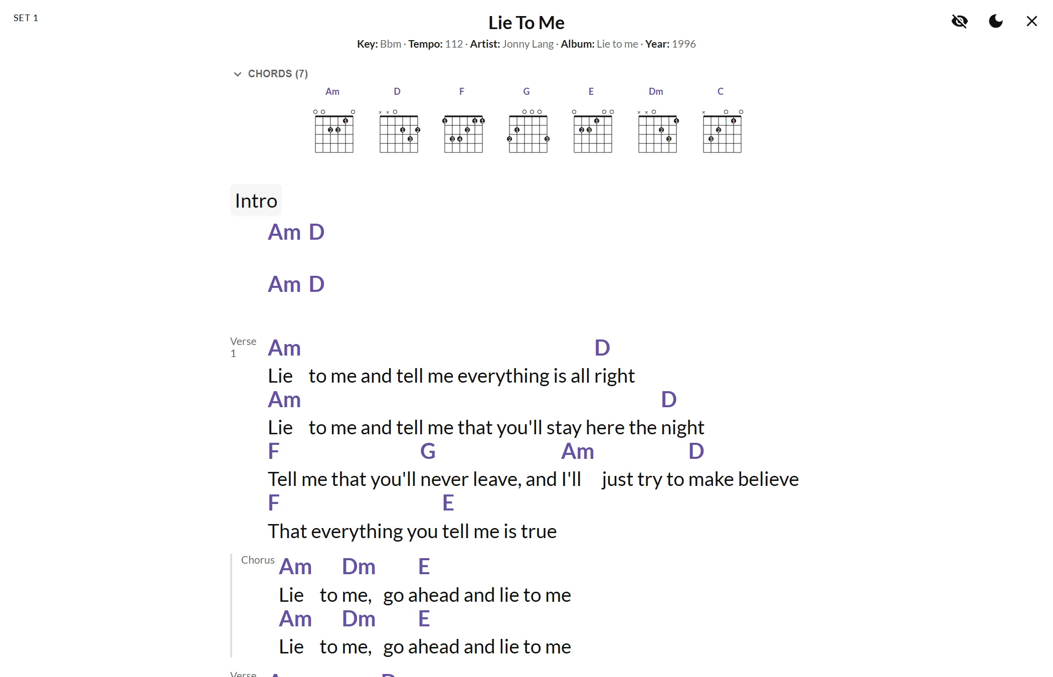 A ChordPro chart displayed in setlist live mode, with the set name and stage controls.