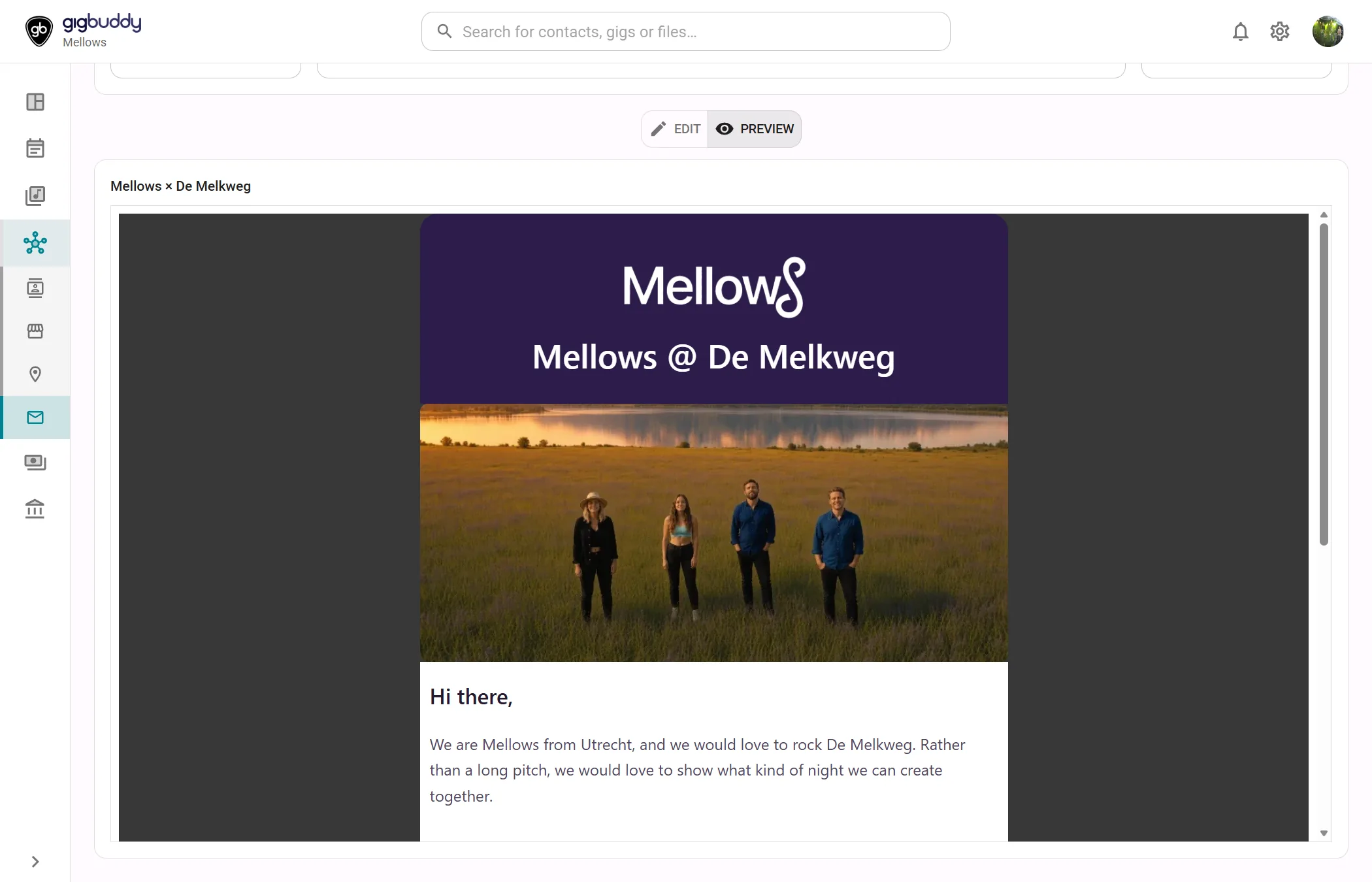 Template Preview showing an email with the Mellows artwork and an example venue name.