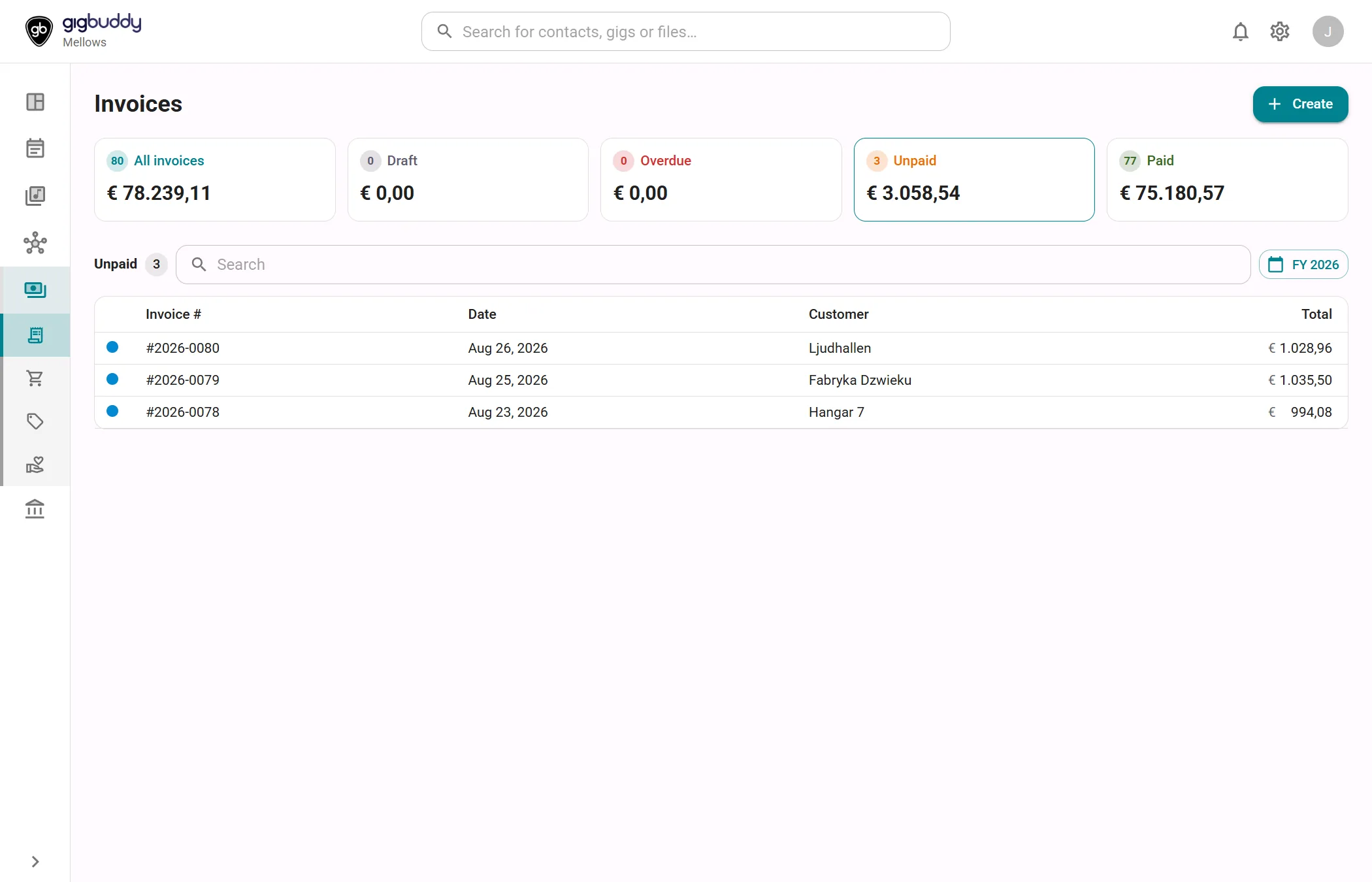 The Invoices page with the cards All invoices, Draft, Overdue, Unpaid and Paid, the search field, the period button and a list of three unpaid invoices.