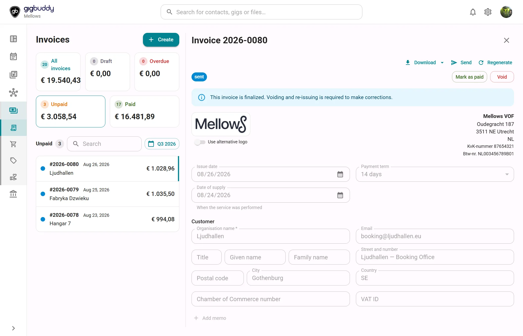 The Invoices list on the left and Invoice 2026-0080 on the right, with the Download, Send and Regenerate buttons, the status sent, the buttons Mark as paid and Void, the logo, the dates and the customer fields.