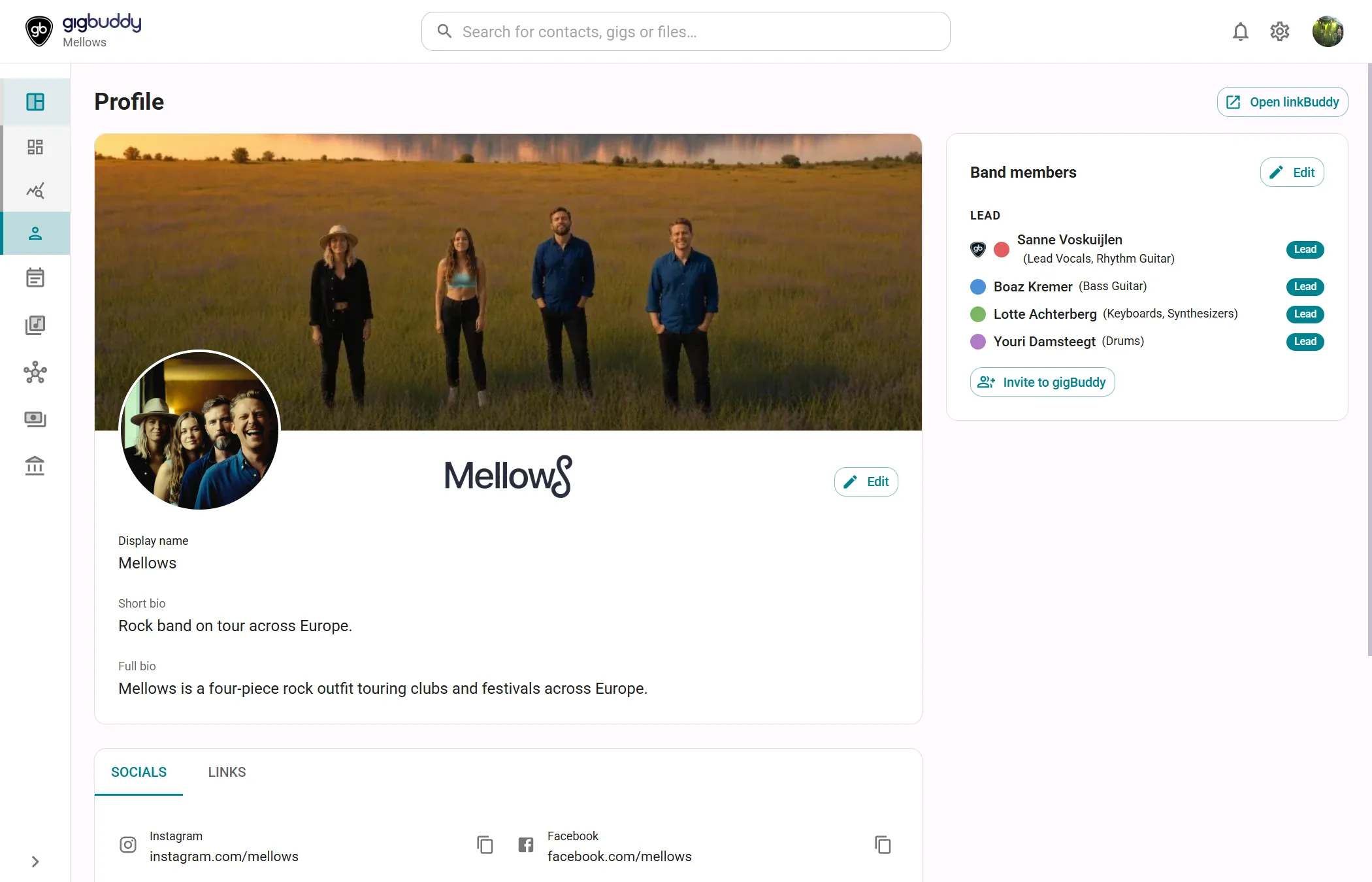 Band profile with banner, profile picture, logo, display name, biographies, member roster and Socials tab.