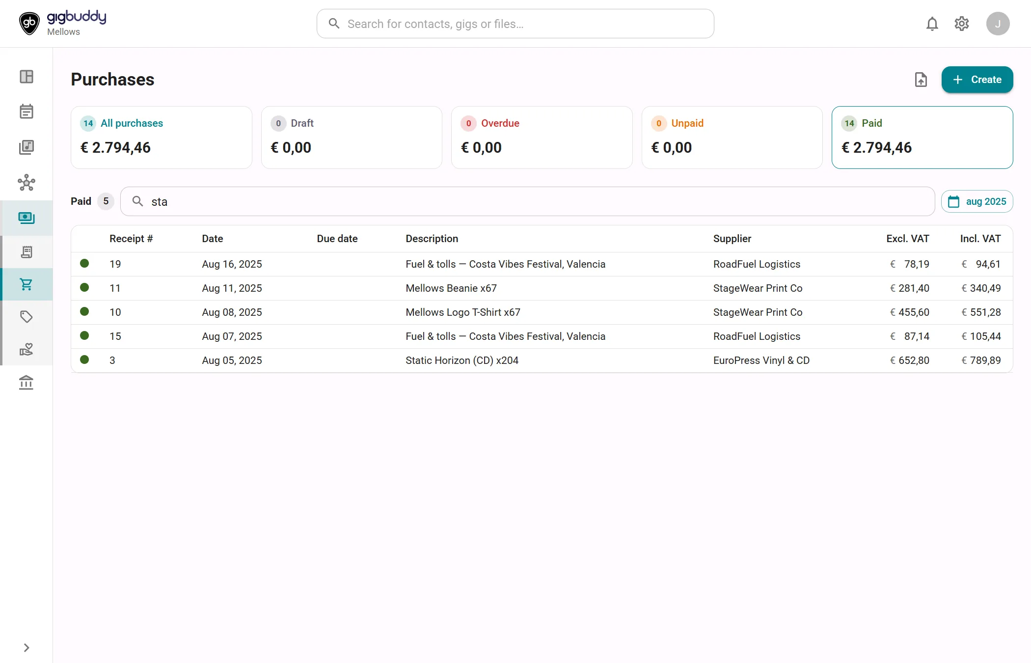 The Purchases page with the cards All purchases, Draft, Overdue, Unpaid and Paid, the search field, the period button and a list of paid purchases with receipt number, date, description, supplier and amounts.