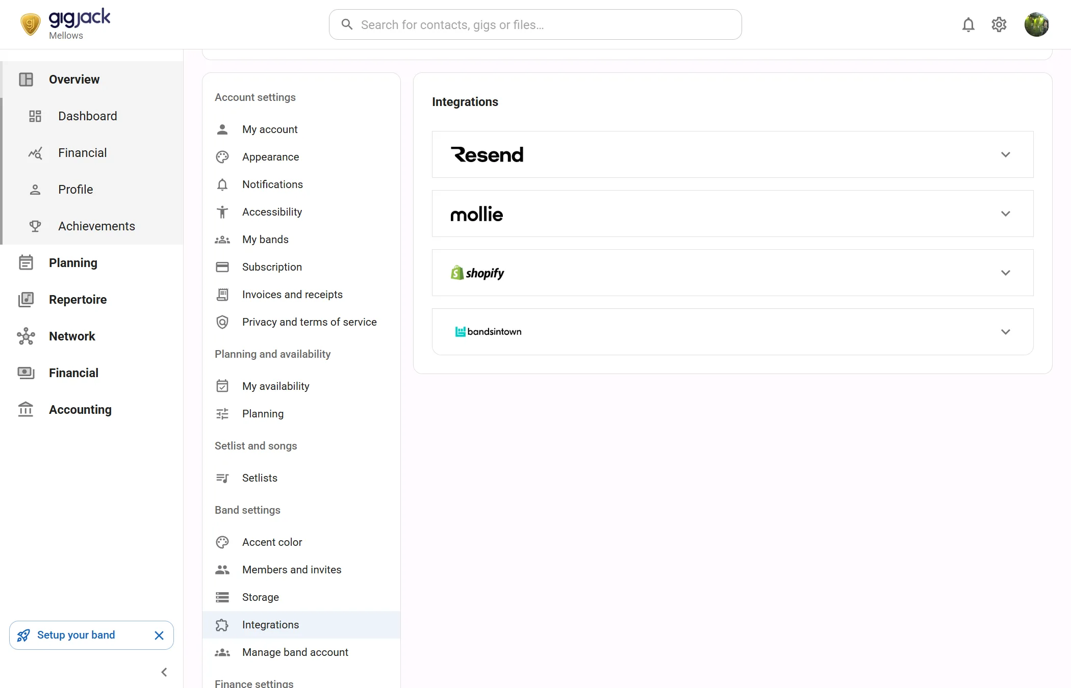 Settings with Integrations selected under Band settings, showing the collapsed cards for Resend, Mollie, Shopify and Bandsintown.