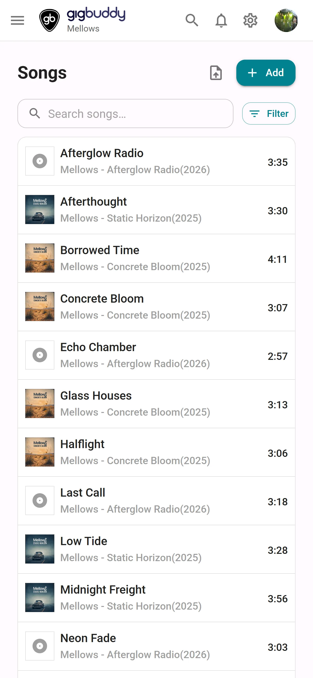 The Songs page with the repertoire list and controls for adding and importing songs.