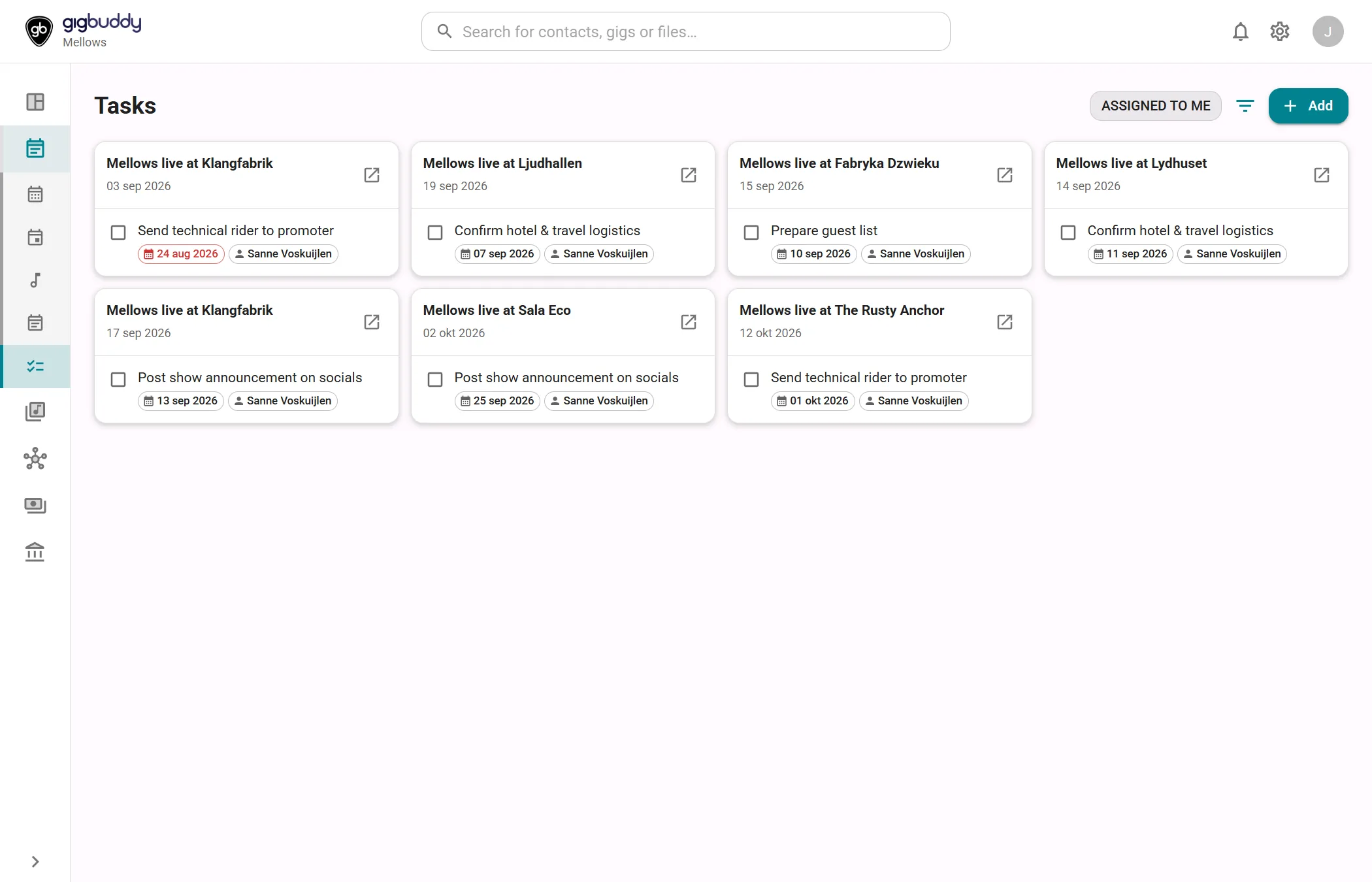 Task cards grouped by gig, with completion boxes, due dates and assignees.